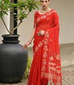 Red color linen jute silk blend zari weaves saree with blouse