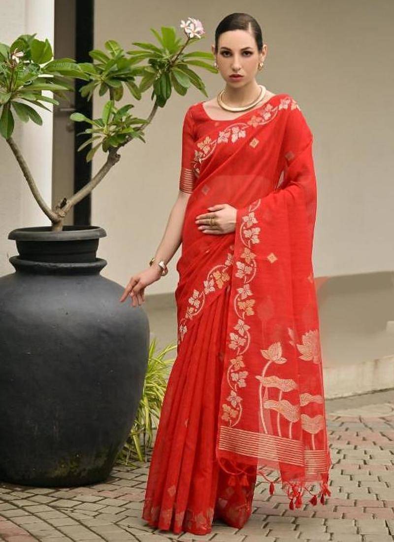 Red color linen jute silk zari weaves saree with blouse