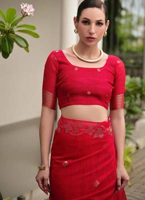 Red color linen jute silk blend zari weaves saree with blouse 2