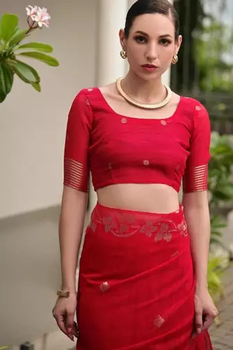 Red color linen jute silk blend zari weaves saree with blouse