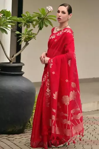 Red color linen jute silk blend zari weaves saree with blouse