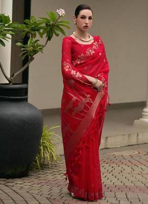 Red color linen jute silk blend zari weaves saree with blouse 4