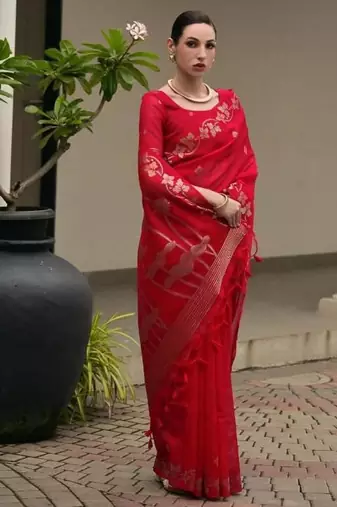 Red color linen jute silk blend zari weaves saree with blouse