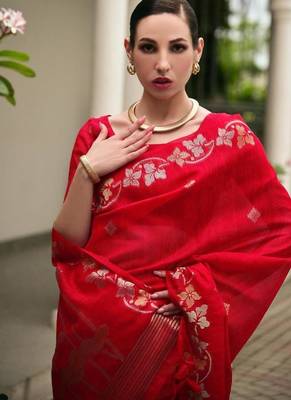 Red color linen jute silk blend zari weaves saree with blouse 5