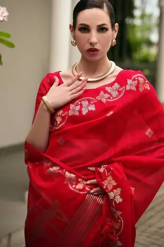 Red color linen jute silk blend zari weaves saree with blouse