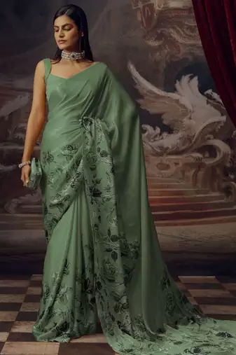 Olive green original japan devsena satin saree japan satin digital print blouse