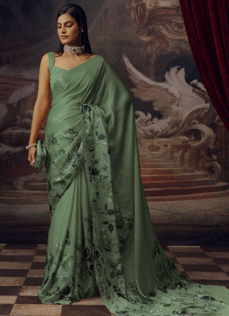 Olive green original japan devsena satin saree japan satin digital print blouse