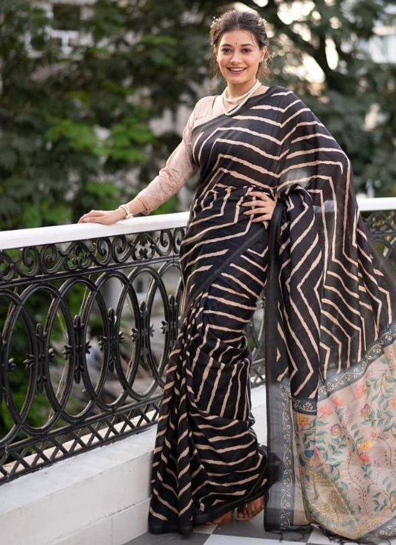 Black color tussar silk lehariya printed zari border saree