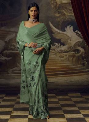 Olive green original japan satin saree with digital print blouse 2
