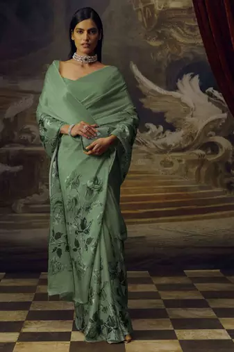 Olive green original japan satin saree with digital print blouse