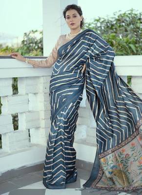 Aqua blue color tussar silk blend lehariya printed zari border saree 1