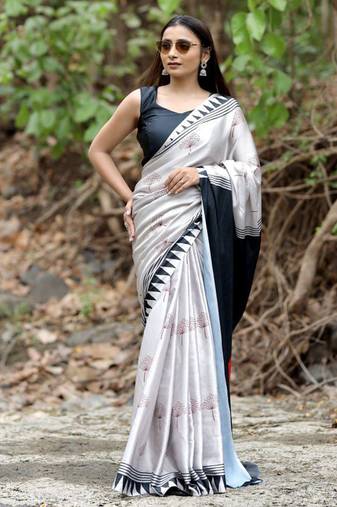 Silver original japan devsena satin saree japan satin digital print blouse