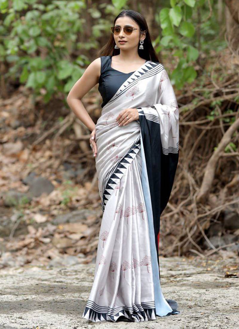 Silver original japan devsena satin saree japan satin digital print blouse