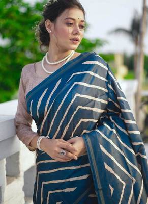 Aqua blue color tussar silk blend lehariya printed zari border saree 2