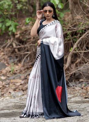 Silver original japan satin saree with digital print blouse 2