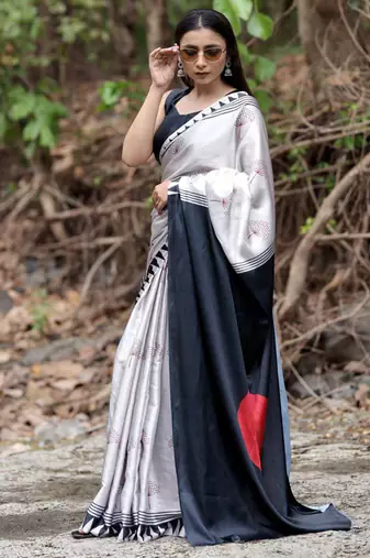 Silver original japan satin saree with digital print blouse