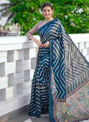Aqua blue color tussar silk blend lehariya printed zari border saree 3