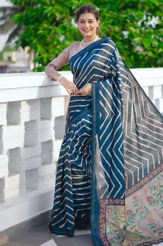 Aqua blue color tussar silk blend lehariya printed zari border saree