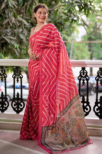 Gajri pink color tussar silk lehariya printed zari border saree