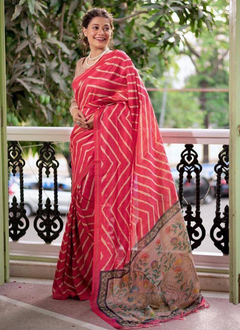 Gajri pink color tussar silk lehariya printed zari border saree