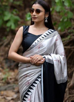 Silver original japan satin saree with digital print blouse 5