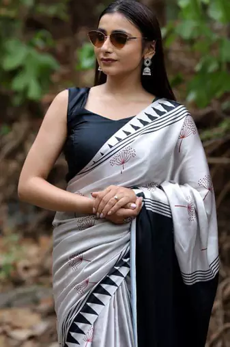 Silver original japan satin saree with digital print blouse