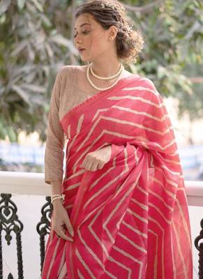 Gajri pink color tussar silk blend lehariya printed zari border saree 3