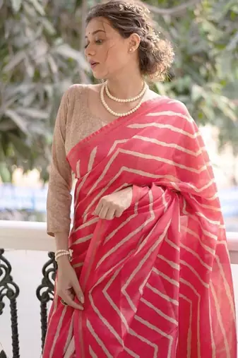 Gajri pink color tussar silk blend lehariya printed zari border saree