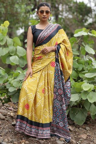Mustard original japan devsena satin saree japan satin digital print blouse