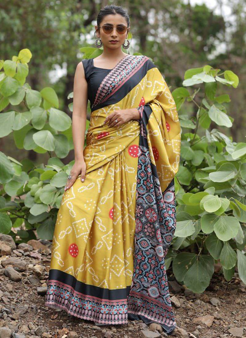 Mustard original japan devsena satin saree japan satin digital print blouse