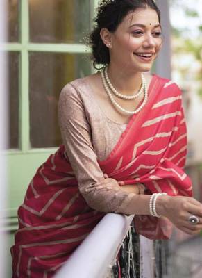 Gajri pink color tussar silk blend lehariya printed zari border saree 4