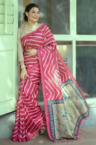 Pink color tussar silk lehariya printed zari border saree