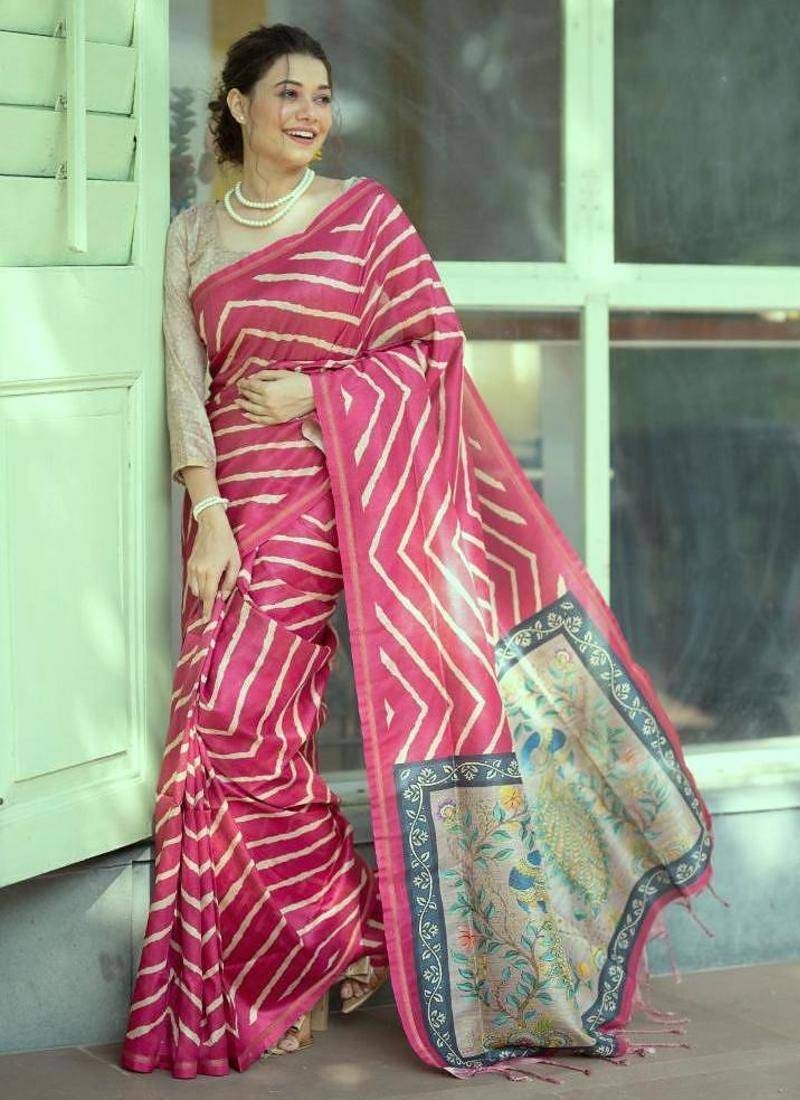 Pink color tussar silk lehariya printed zari border saree