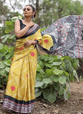 Mustard original japan satin saree with digital print blouse 2