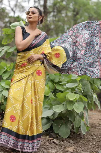 Mustard original japan satin saree with digital print blouse