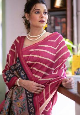 Pink color tussar silk blend lehariya printed zari border saree 2