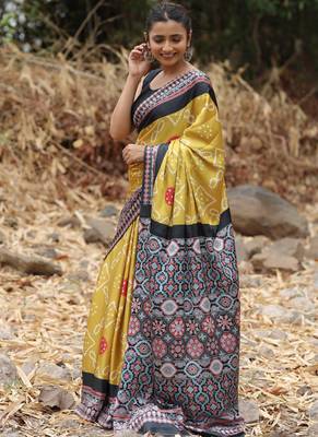 Mustard original japan satin saree with digital print blouse 3