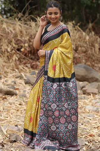 Mustard original japan satin saree with digital print blouse