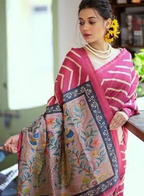 Pink color tussar silk blend lehariya printed zari border saree 3