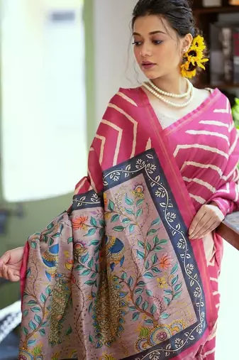 Pink color tussar silk blend lehariya printed zari border saree