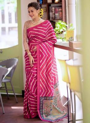 Pink color tussar silk blend lehariya printed zari border saree 4