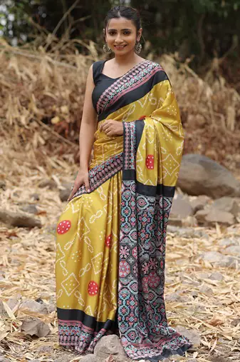Mustard original japan satin saree with digital print blouse
