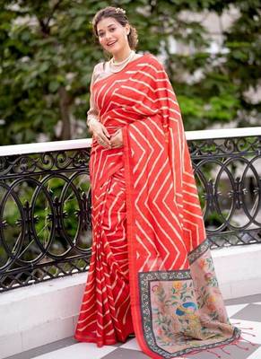 Red color tussar silk blend lehariya printed zari border saree 1