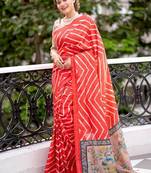Red color tussar silk lehariya printed zari border saree