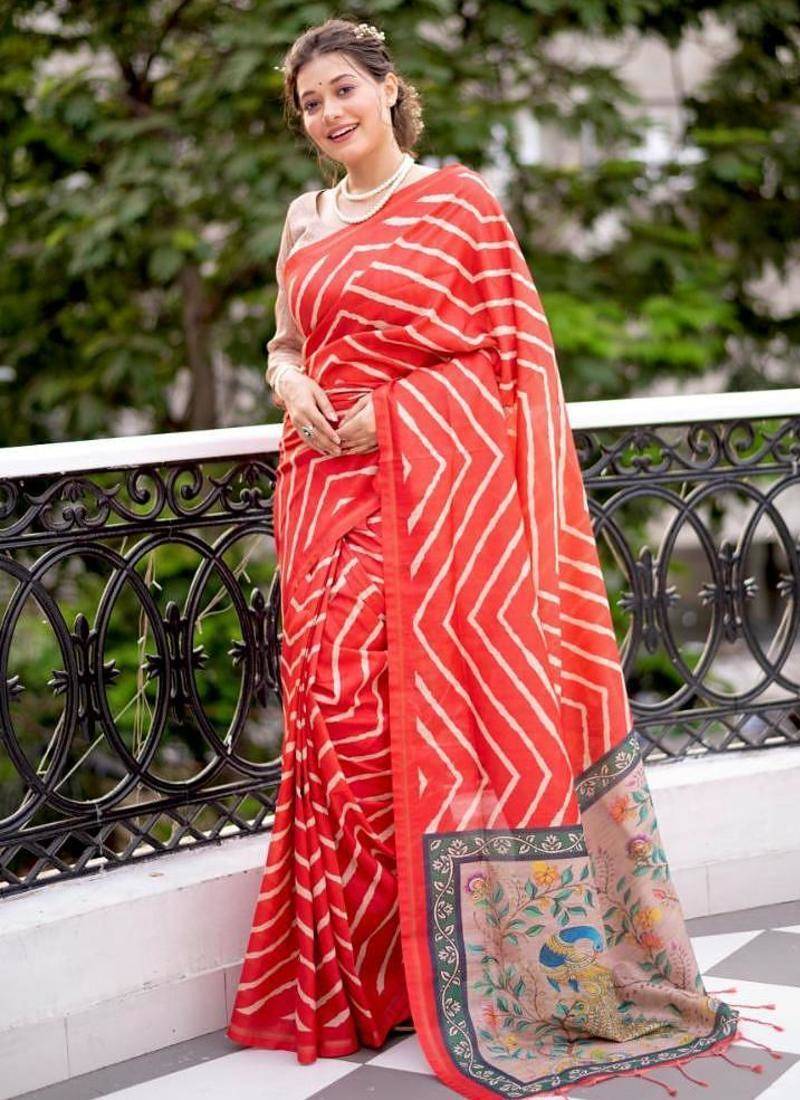 Red color tussar silk lehariya printed zari border saree