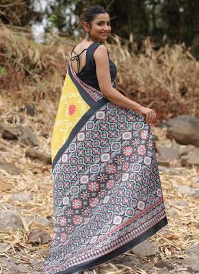Mustard original japan satin saree with digital print blouse 5