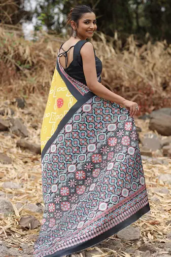 Mustard original japan satin saree with digital print blouse