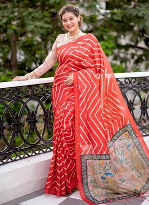 Red color tussar silk blend lehariya printed zari border saree 2