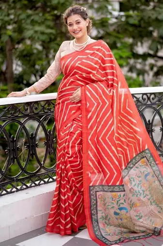 Red color tussar silk blend lehariya printed zari border saree