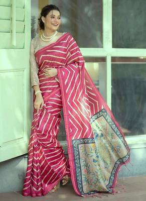 Red color tussar silk blend lehariya printed zari border saree 4